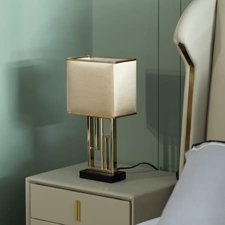 Quickway Imports Designer Table lamp, Decorative Metal Table Lamp with Gold Modern Stand and Brown Silk Lampshade 17 Inch, Unique Lamp for Home Decor Living Room or Bedroom